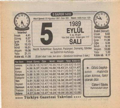 5 Eylül 1989 Takvim Yaprağı EFM(N)2632 - 3