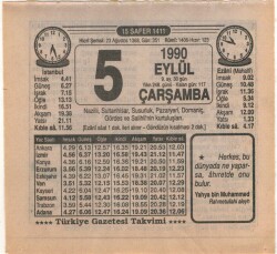 5 Eylül 1990 Takvim Yaprağı EFM(N)2633 - 2