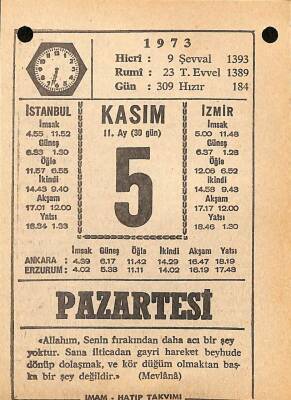 5 Kasım 1973 Takvim Yaprağı - Doğum Günü Hediyesi EFM(N)10708 - 2