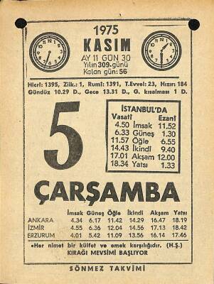 5 Kasım 1975 Takvim Yaprağı - Doğum Günü Hediyesi EFM(N)12577 - 1