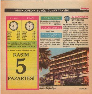 5 Kasım 1984 Takvim Yaprağı EFM(N)4041 - 2