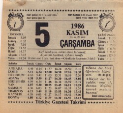 5 Kasım 1986 Takvim Yaprağı EFM(N)3405 - 3