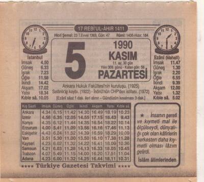 5 Kasım 1990 Takvim Yaprağı EFM(N)3919 - 3