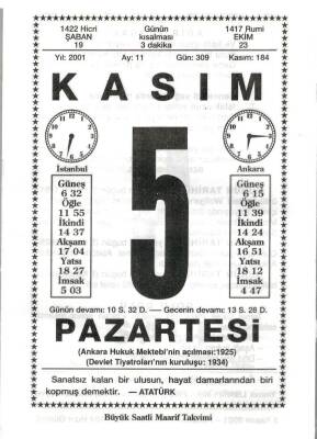 5 Kasım 2001 Takvim Yaprağı Doğum Günü Hediyesi EFM(N)3987 - 3