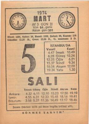 5 Mart 1974 Takvim Yaprağı EFM(N)5884 - 3