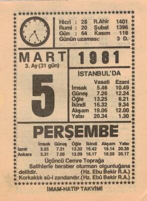 5 Mart 1981 Takvim Yaprağı EFM(N)6007 - 3