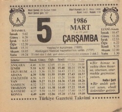 5 Mart 1986 Takvim Yaprağı EFM(N)5915 - 2