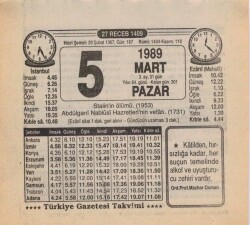 5 Mart 1989 Takvim Yaprağı EFM(N)5853 - 3