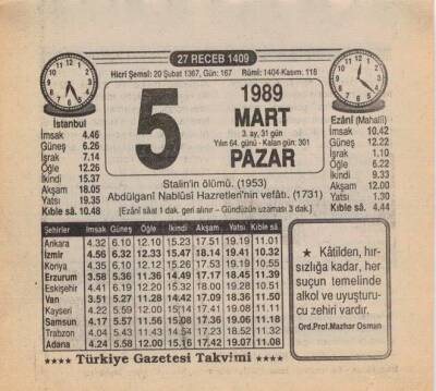 5 Mart 1989 Takvim Yaprağı EFM(N)5853 - 2