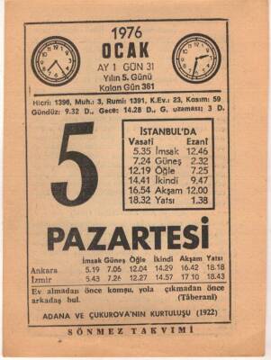 5 Ocak 1976 Takvim Yaprağı EFM(N)4806 - 1