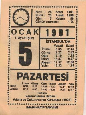 5 Ocak 1981 Takvim Yaprağı EFM(N)4651 - 1