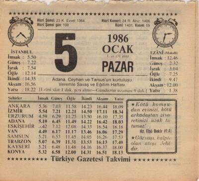 5 Ocak 1986 Takvim Yaprağı EFM(N)5023 - 1