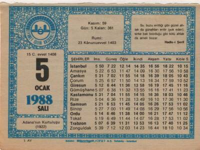 5 Ocak 1988 Takvim Yaprağı EFM(N)4899 - 1