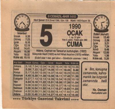 5 Ocak 1990 Takvim Yaprağı EFM(N)4682 - 1