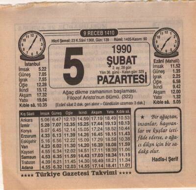 5 Şubat 1990 Takvim Yaprağı EFM(N)5188 - 1