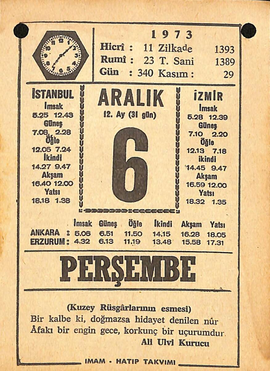 6 Aralık 1973 Takvim Yaprağı - Doğum Günü Hediyesi EFMN13680 - 1