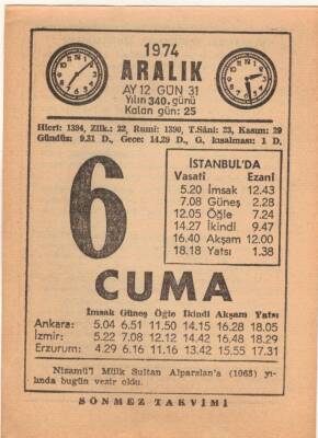 6 Aralık 1974 Takvim Yaprağı EFM(N)4288 - 3