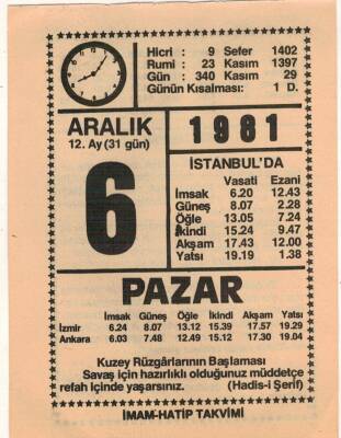 6 Aralık 1981 Takvim Yaprağı EFM(N)4411 - 3