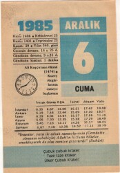 6 Aralık 1985 Takvim Yaprağı EFM(N)4103 - 3