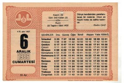 6 Aralık 1986 Takvim Yaprağı EFM1030 - 1