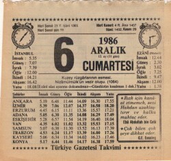 6 Aralık 1986 Takvim Yaprağı EFM(N)4318 - 3