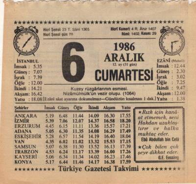 6 Aralık 1986 Takvim Yaprağı EFM(N)4318 - 1