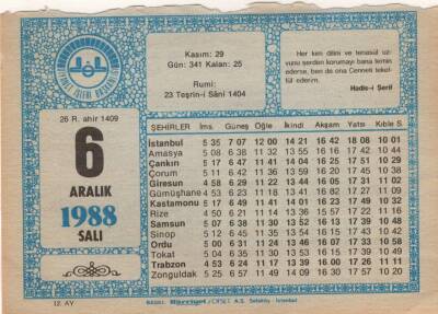 6 Aralık 1988 Takvim Yaprağı EFM(N)4472 - 3