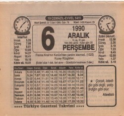 6 Aralık 1990 Takvim Yaprağı EFM(N)4134 - 3