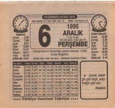 6 Aralık 1990 Takvim Yaprağı EFM(N)4134 - 1