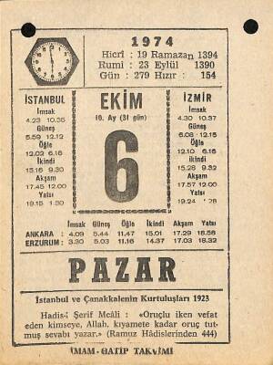 6 Ekim 1974 Takvim Yaprağı - Doğum Günü Hediyesi EFM(N)10567 - 4