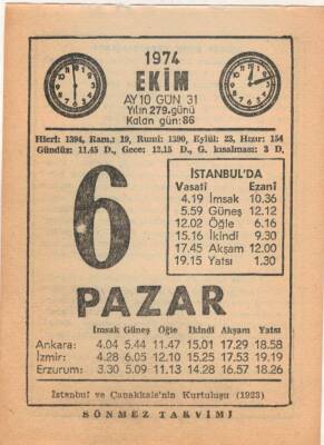 6 Ekim 1974 Takvim Yaprağı EFM(N)2976 - 3