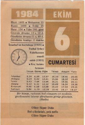 6 Ekim 1984 Takvim Yaprağı EFM(N)3007 - 3