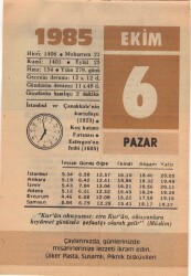 6 Ekim 1985 Takvim Yaprağı EFM(N)3038 - 3