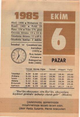 6 Ekim 1985 Takvim Yaprağı EFM(N)3038 - 2