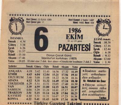 6 Ekim 1986 Takvim Yaprağı EFM(N)3069 - 3