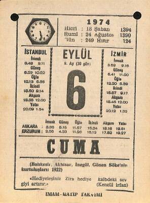 6 Eylül 1974 Takvim Yaprağı - Doğum Günü Hediyesi EFM(N)12335 - 1