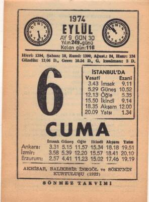 6 Eylül 1974 Takvim Yaprağı EFM(N)2638 - 3