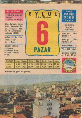 6 Eylül 1981 Takvim Yaprağı EFM(N)2777 - 3