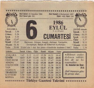 6 Eylül 1986 Takvim Yaprağı EFM(N)2641 - 3