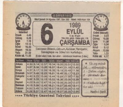 6 Eylül 1989 Takvim Yaprağı EFM(N)2643 - 2