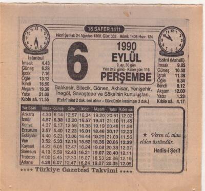 6 Eylül 1990 Takvim Yaprağı EFM(N)2644 - 3