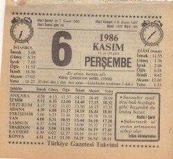 6 Kasım 1986 Takvim Yaprağı EFM(N)3406 - 3