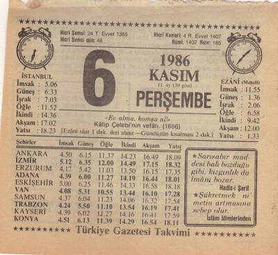 6 Kasım 1986 Takvim Yaprağı EFM(N)3406 - 3