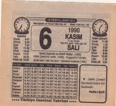 6 Kasım 1990 Takvim Yaprağı EFM(N)3920 - 3