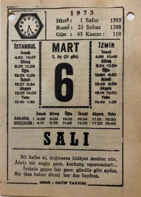 6 Mart 1973 Takvim Yaprağı - Doğum Günü Hediyesi EFM(N)8072 - 2