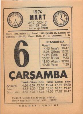 6 Mart 1974 Takvim Yaprağı EFM(N)5885 - 3