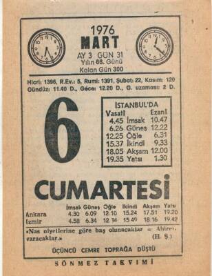 6 Mart 1976 Takvim Yaprağı EFM(N)5947 - 1