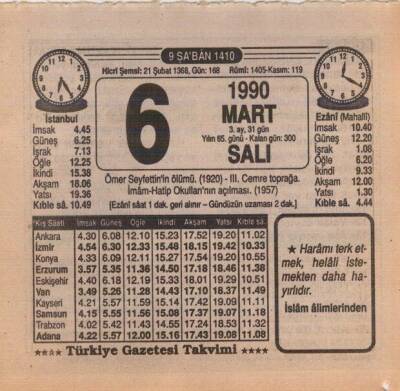 6 Mart 1990 Takvim Yaprağı EFM(N)5978 - 3