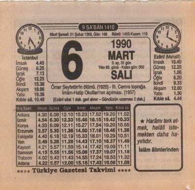 6 Mart 1990 Takvim Yaprağı EFM(N)5978 - 1