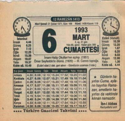 6 Mart 1993 Takvim Yaprağı EFM(N)6038 - 3